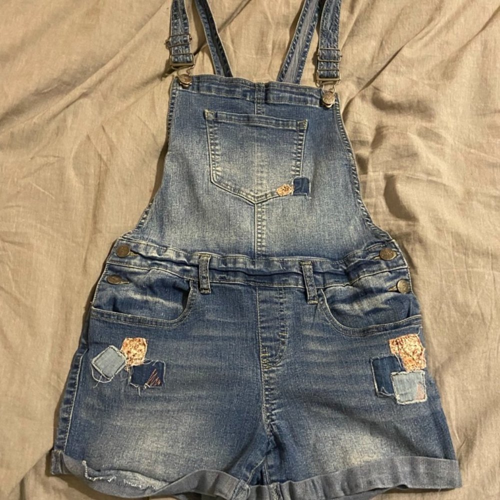 Patchwork jean overall shorts